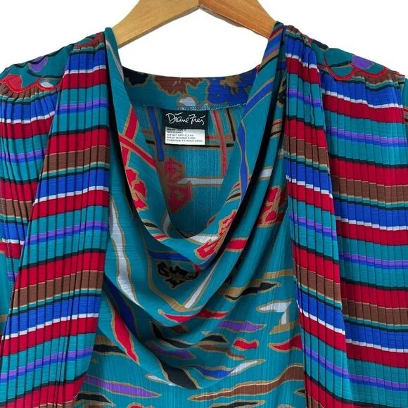 Vintage 80´s Diane Freis Teal/Multicolor Mix Print Pleated Midi Dress L/XL Dresses